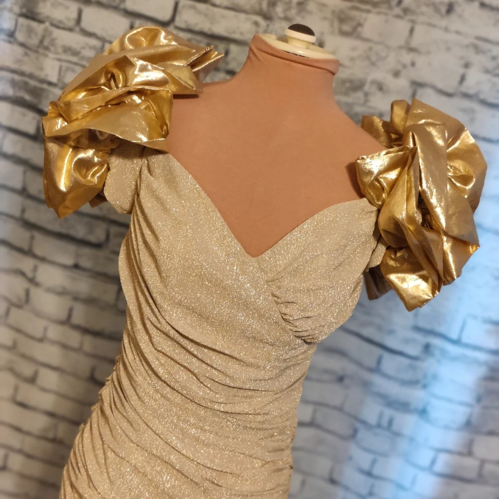 Stunning gold on gold Zum Zum vintage 80s ruched Body Con mini Dress poufy  SM_8